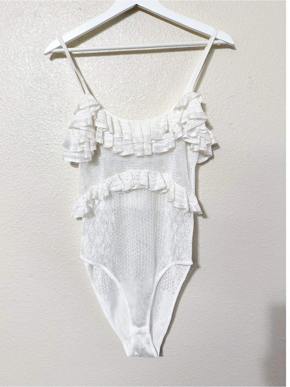 Ulla Johnson Bania Knit Bodysuit in Pearled Ivory Ruffle Pointelle Drop Needle - Picture 7 of 12